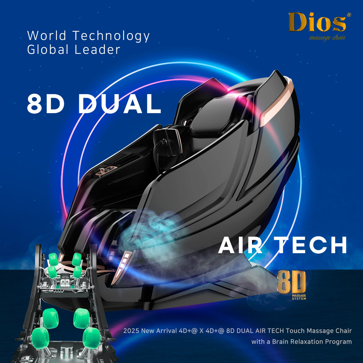 Dios Massage Chair 8D AI Dual Air Tech Touch Roller SL-track with Brain Relaxation Program Dios-1288 White