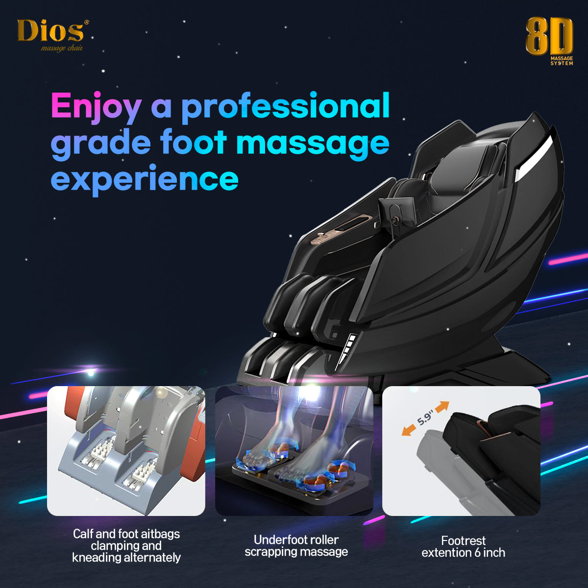 Dios Massage Chair 8D AI Dual Air Tech Touch Roller SL-track with Brain Relaxation Program Dios-1288 Grey